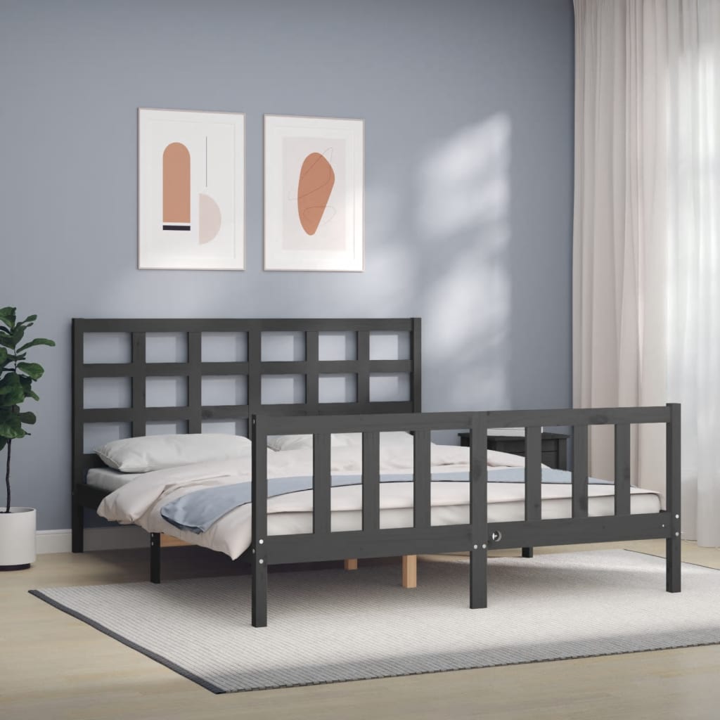 Bed Frame with Headboard Grey King Size Solid Wood