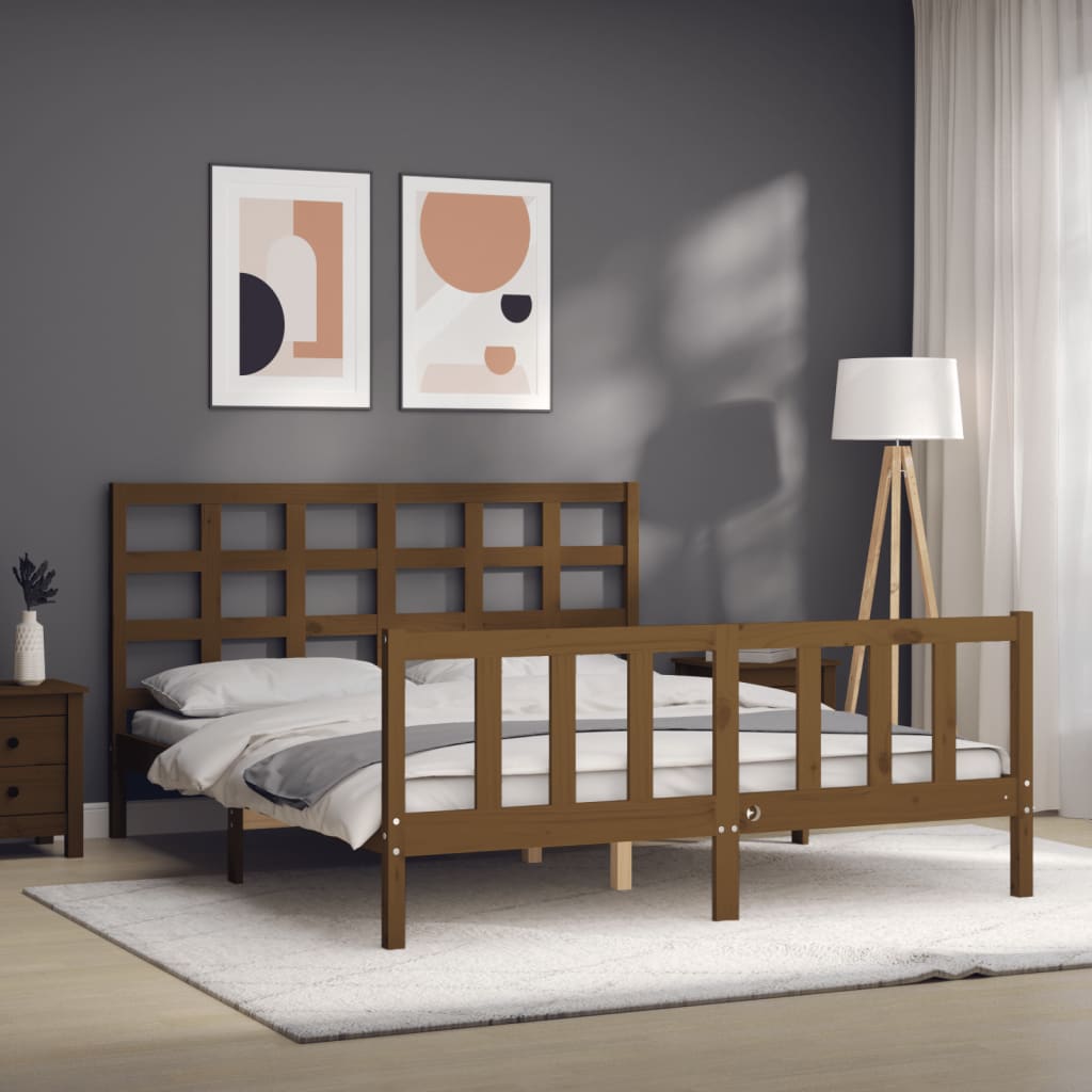 Bed Frame with Headboard Honey Brown King Size Solid Wood