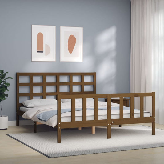 Bed Frame with Headboard Honey Brown King Size Solid Wood