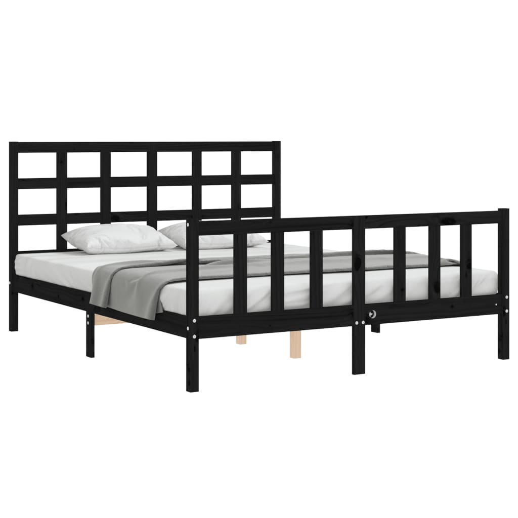 Bed Frame with Headboard Black King Size Solid Wood