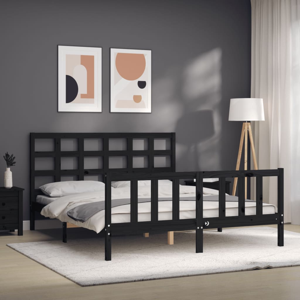 Bed Frame with Headboard Black King Size Solid Wood