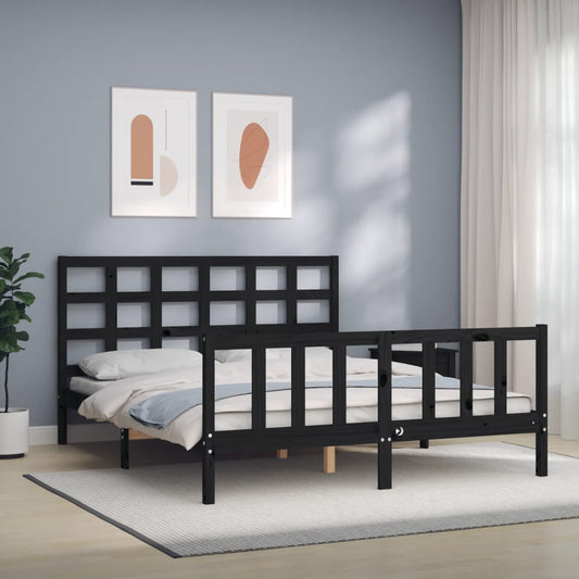 Bed Frame with Headboard Black King Size Solid Wood