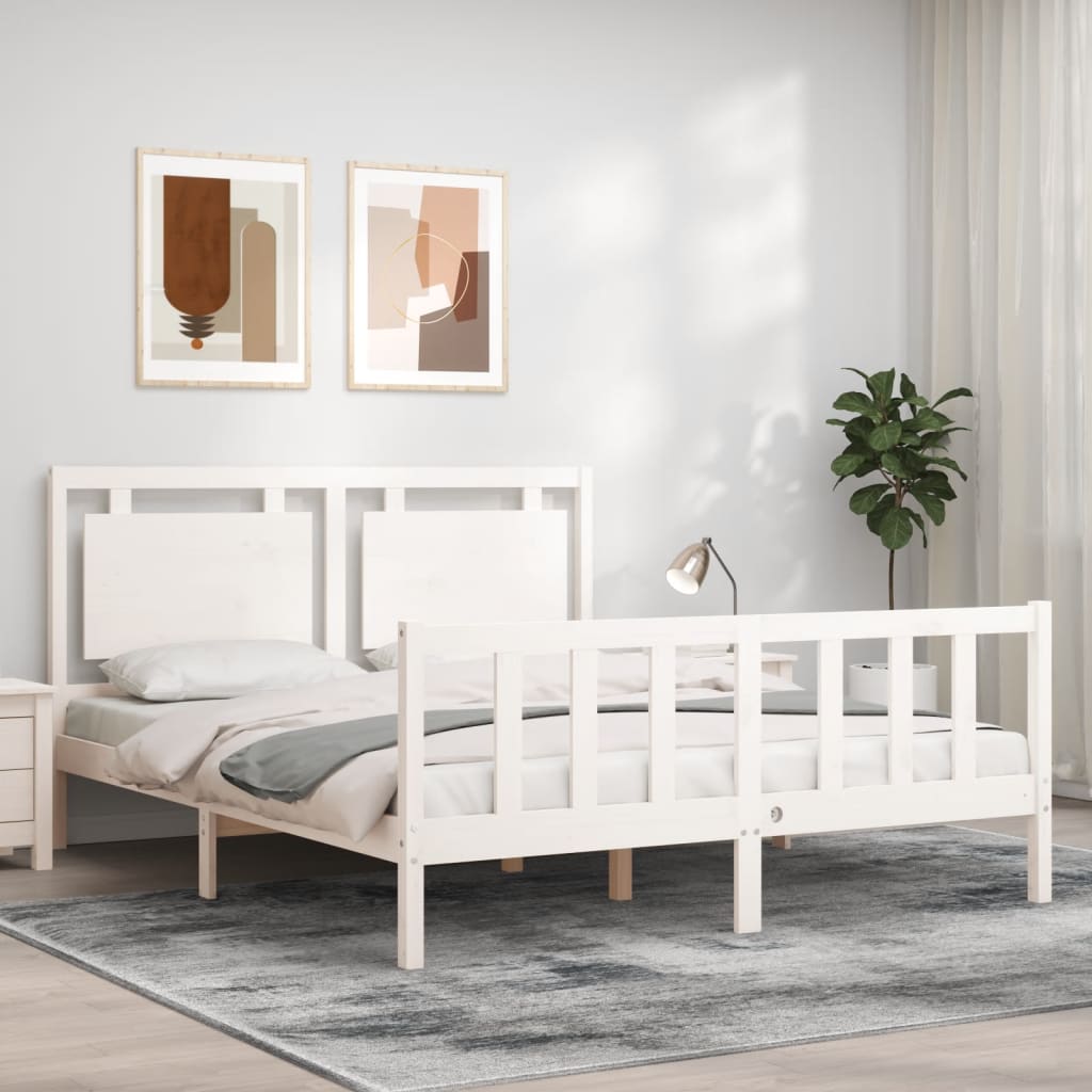 Bed Frame without Mattress White King Size Solid Wood Pine