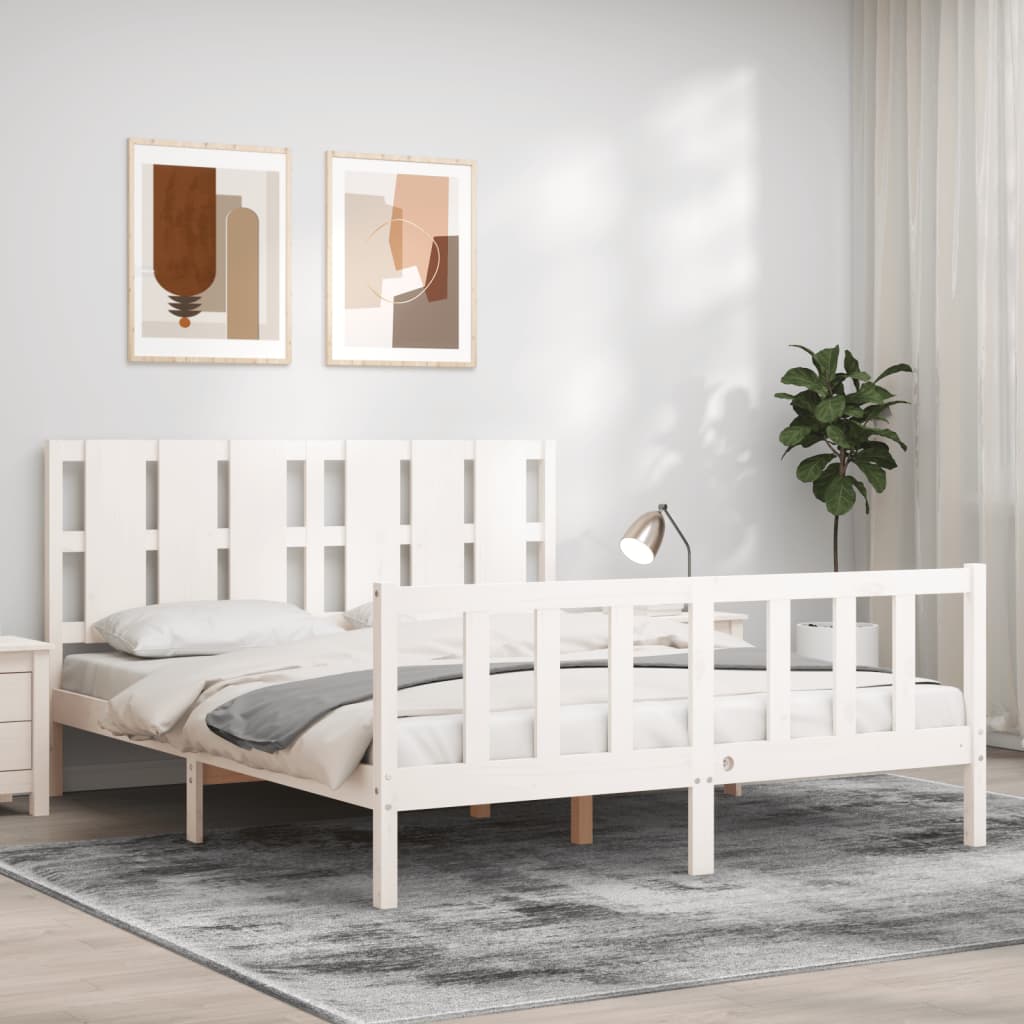 Bed Frame without Mattress White King Size Solid Wood Pine