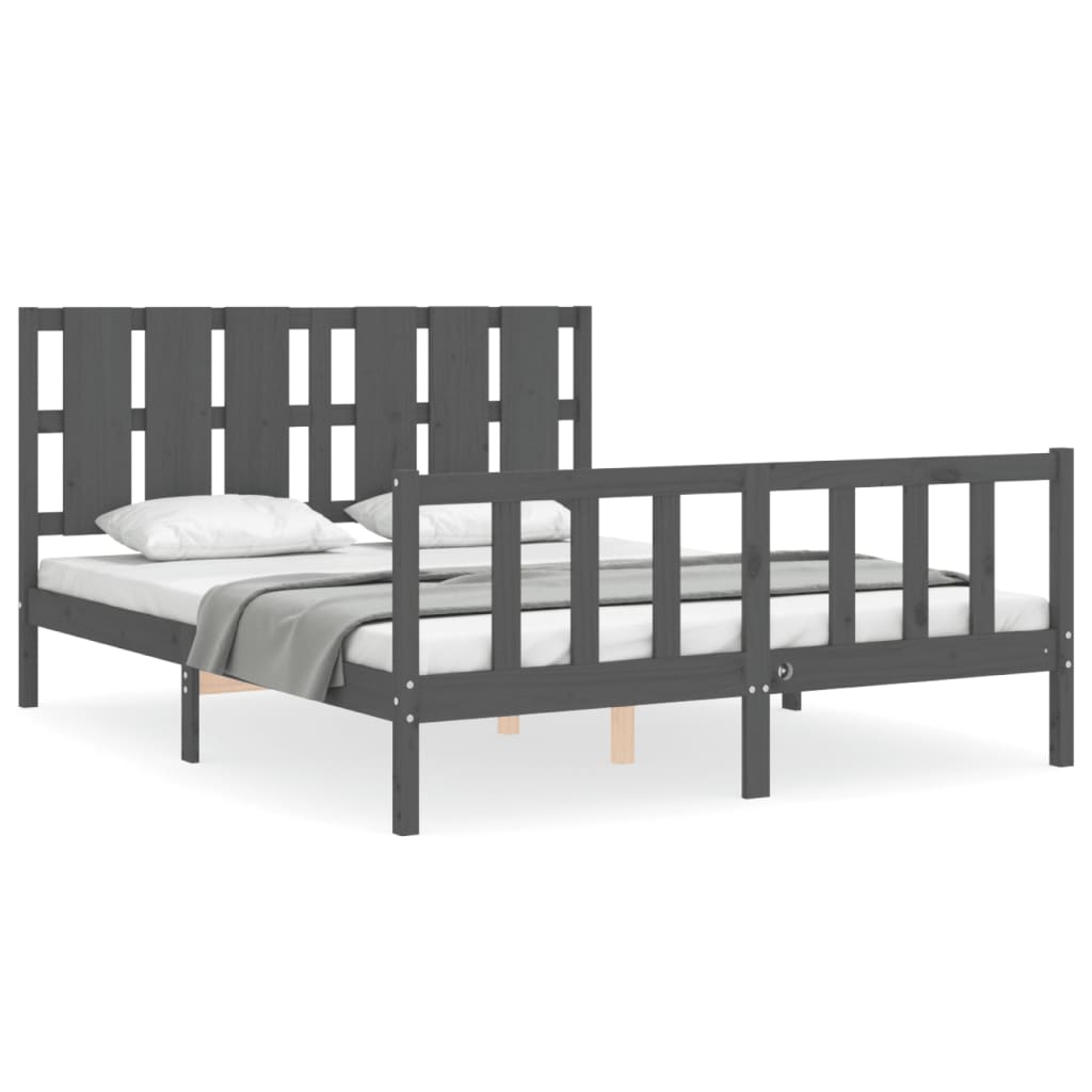 Bed Frame with Headboard Grey King Size Solid Wood