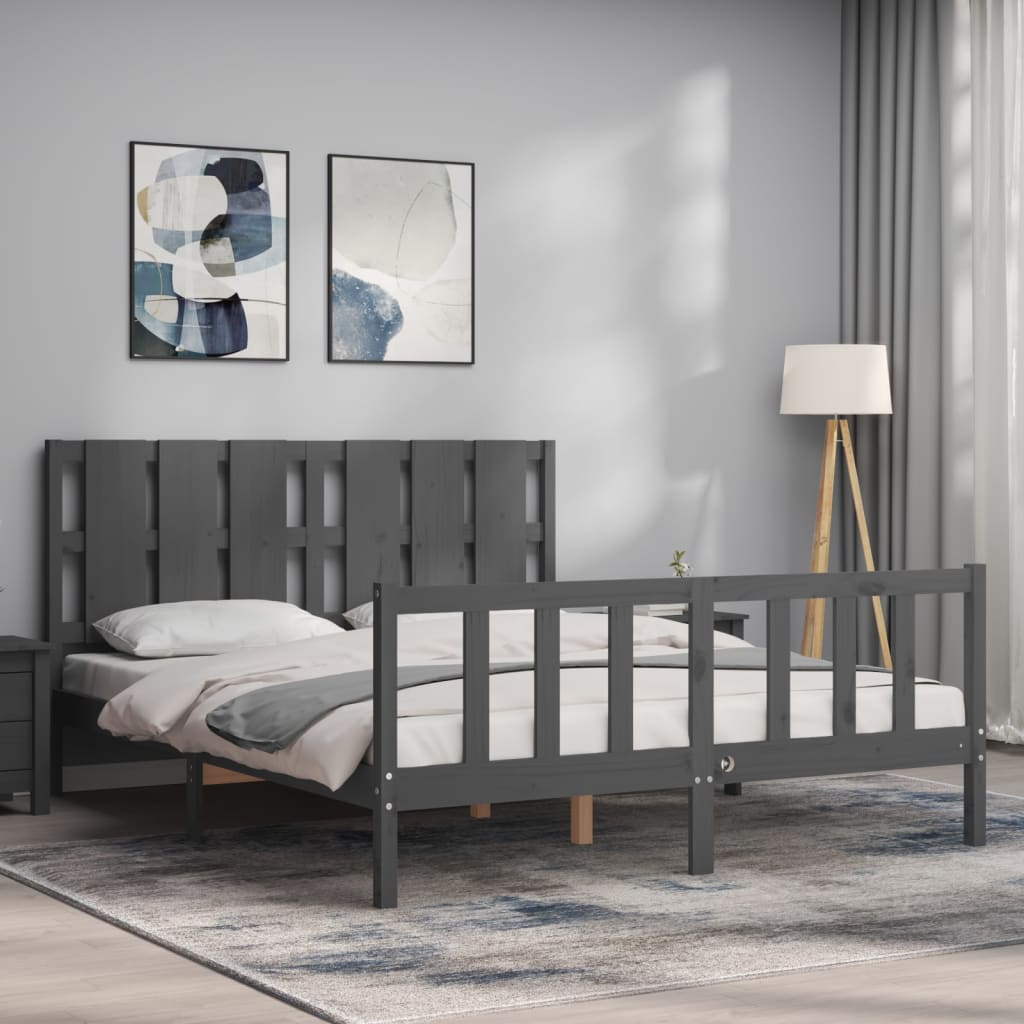 Bed Frame with Headboard Grey King Size Solid Wood