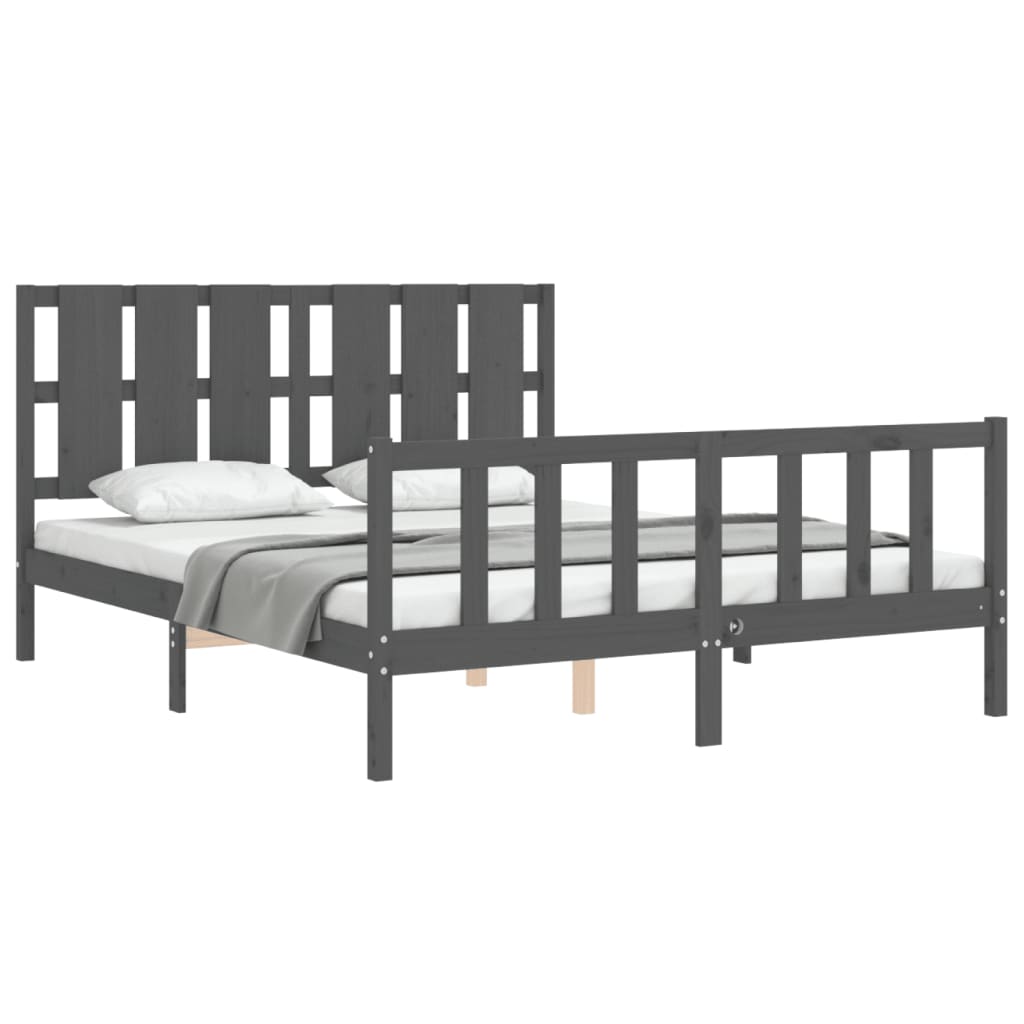 Bed Frame with Headboard Grey King Size Solid Wood