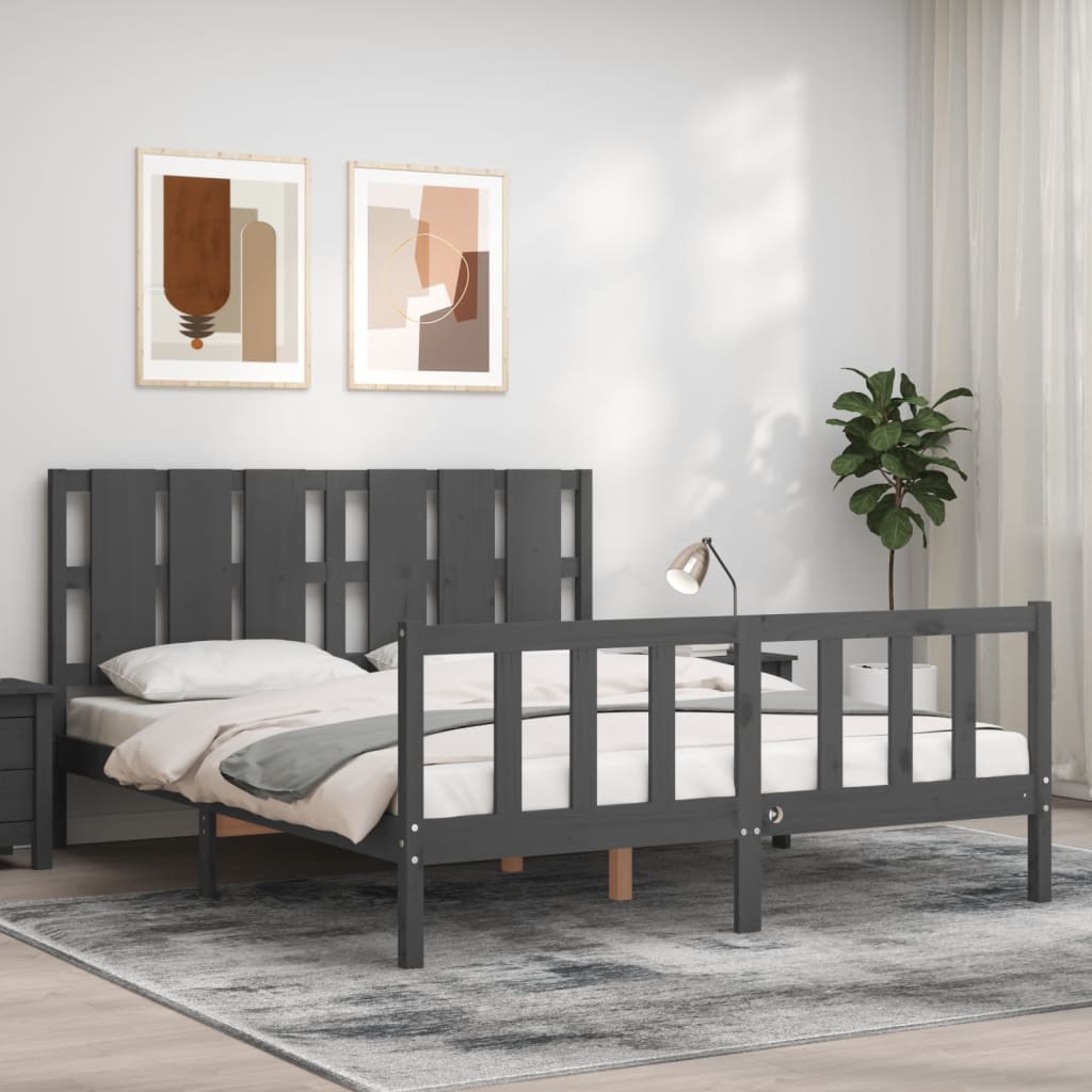 Bed Frame with Headboard Grey King Size Solid Wood