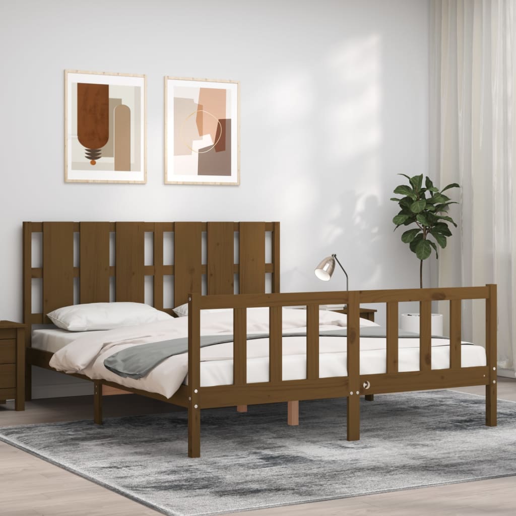 Bed Frame without Mattress Honey Brown King Size Solid Wood Pine