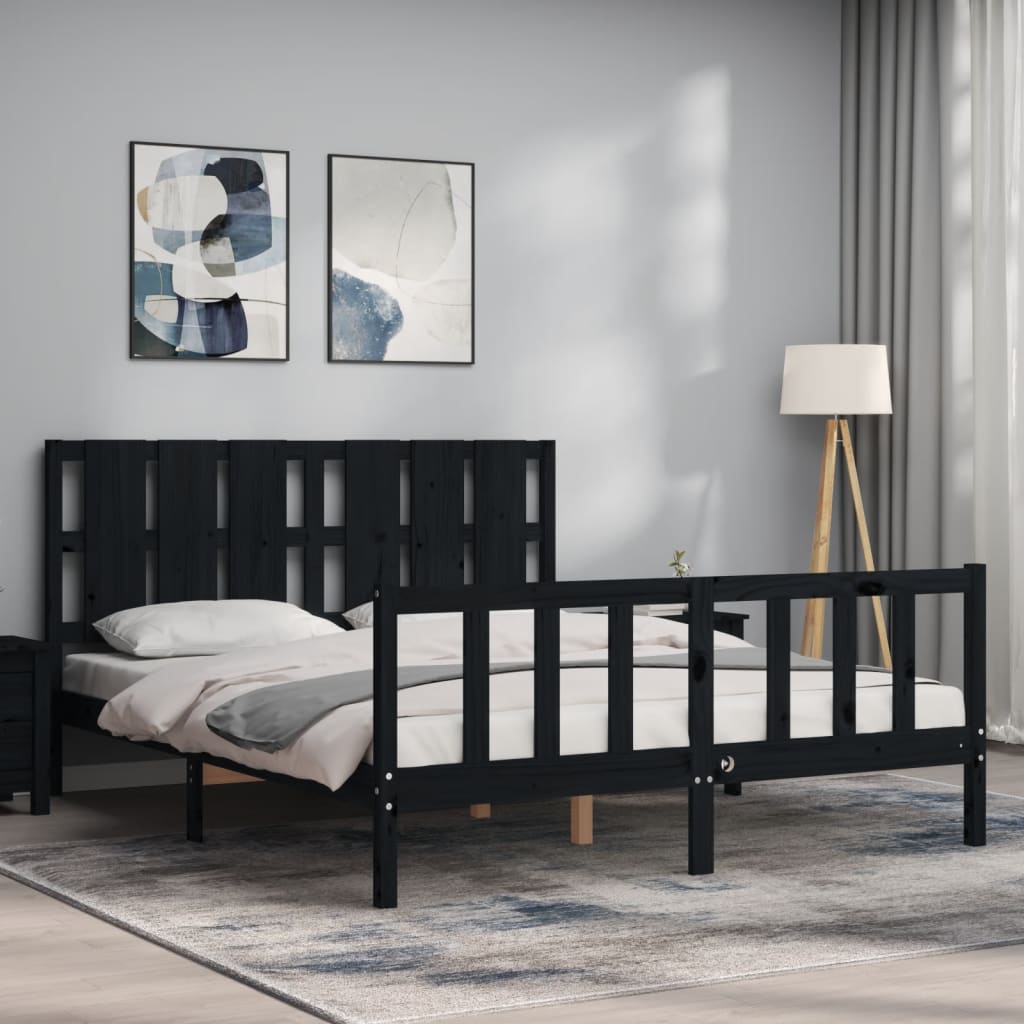 Bed Frame with Headboard Black King Size Solid Wood