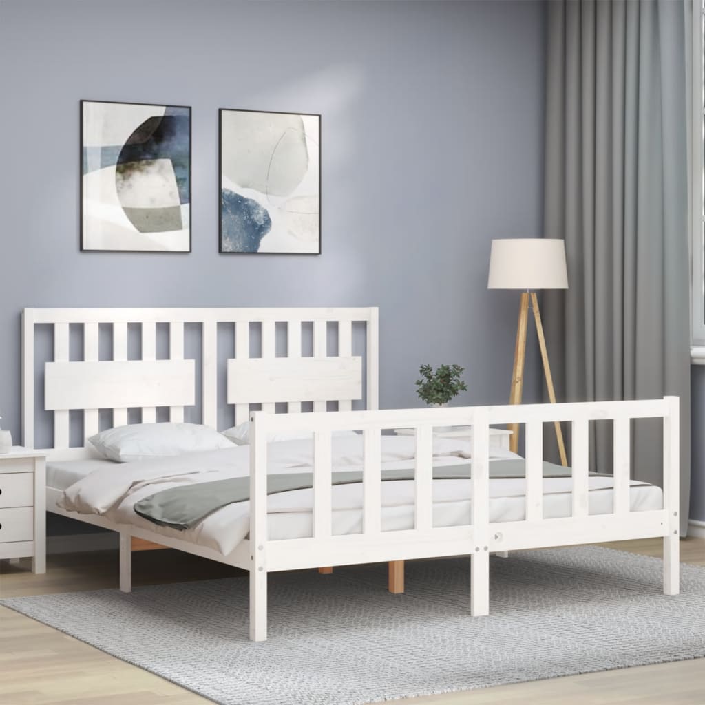 Bed Frame with Headboard White King Size Solid Wood