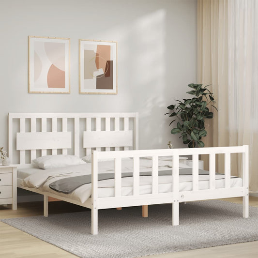 Bed Frame with Headboard White King Size Solid Wood