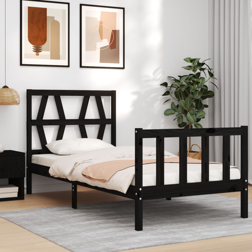 Bed Frame without Mattress Black Single Solid Wood Pine