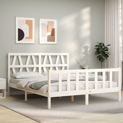 Bed Frame with Headboard White King Size Solid Wood