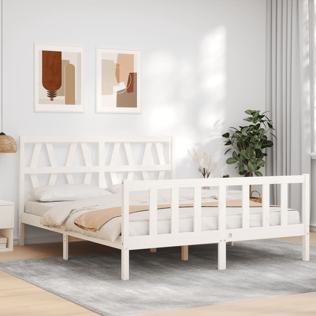 Bed Frame with Headboard White King Size Solid Wood