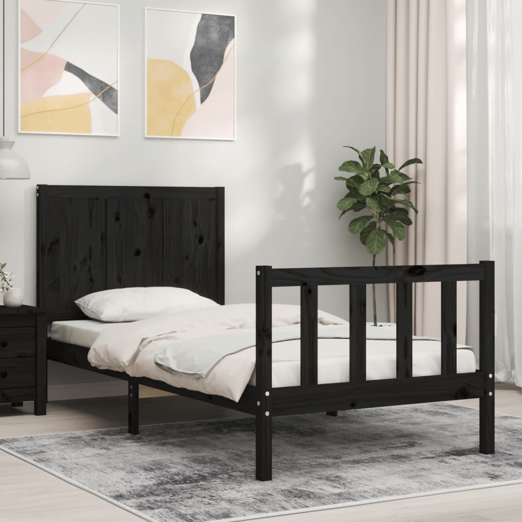 Bed Frame with Headboard Black Single Solid Wood