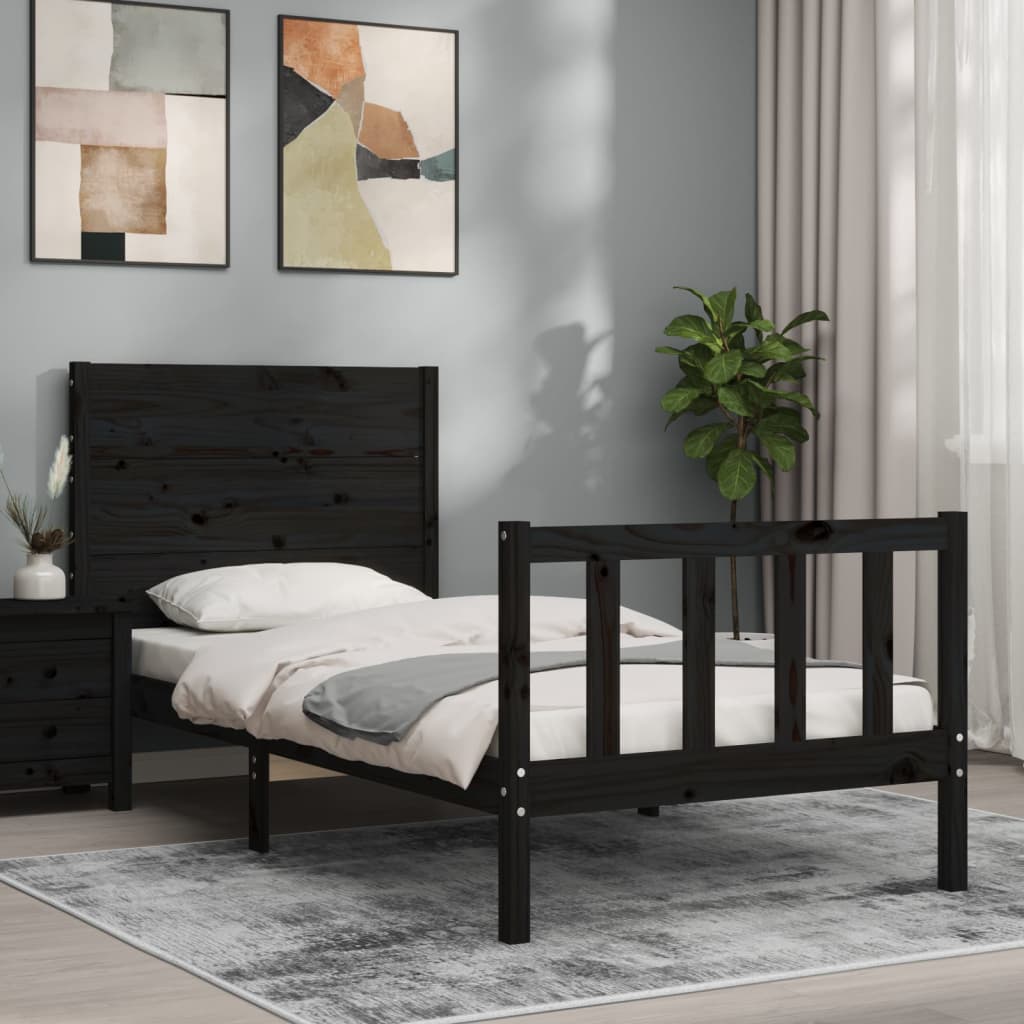 Bed Frame with Headboard Black Single Solid Wood