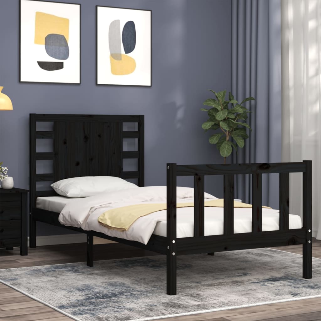 Bed Frame with Headboard Black Single Solid Wood