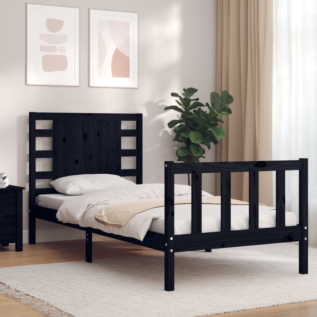 Bed Frame with Headboard Black Single Solid Wood