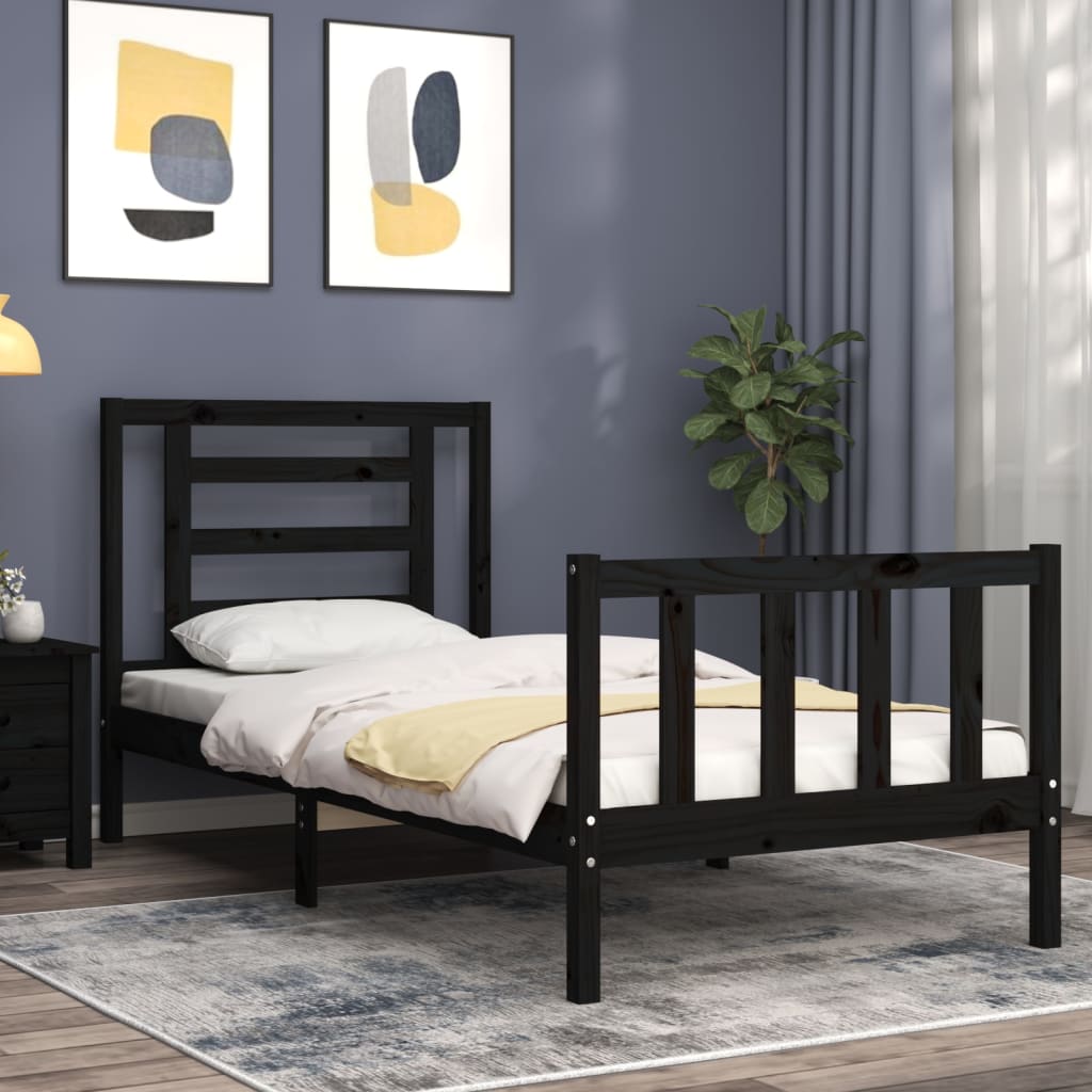 Bed Frame with Headboard Black Single Solid Wood