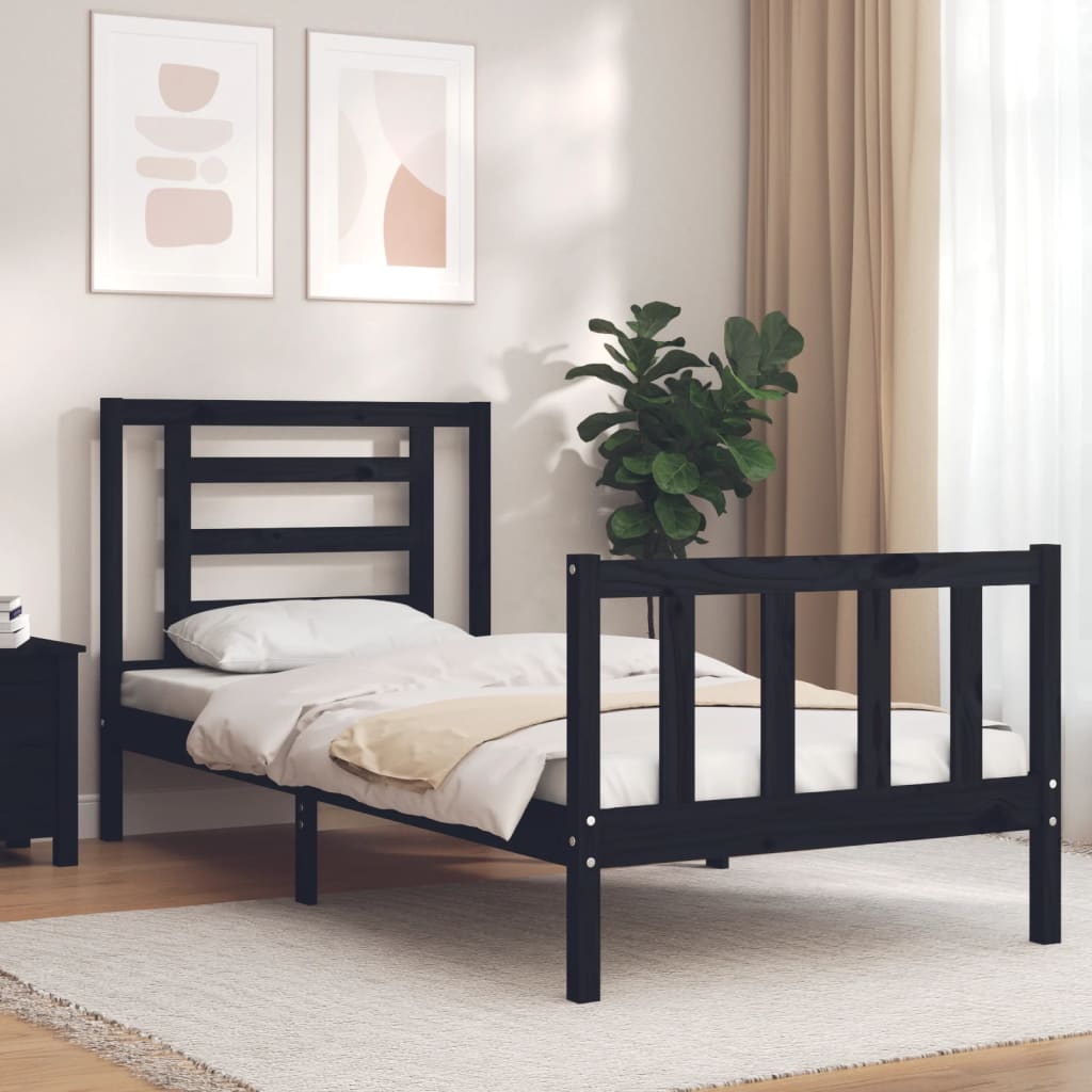 Bed Frame with Headboard Black Single Solid Wood