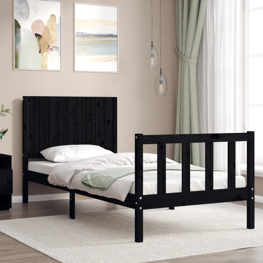 Bed Frame without Mattress Black Single Solid Wood Pine