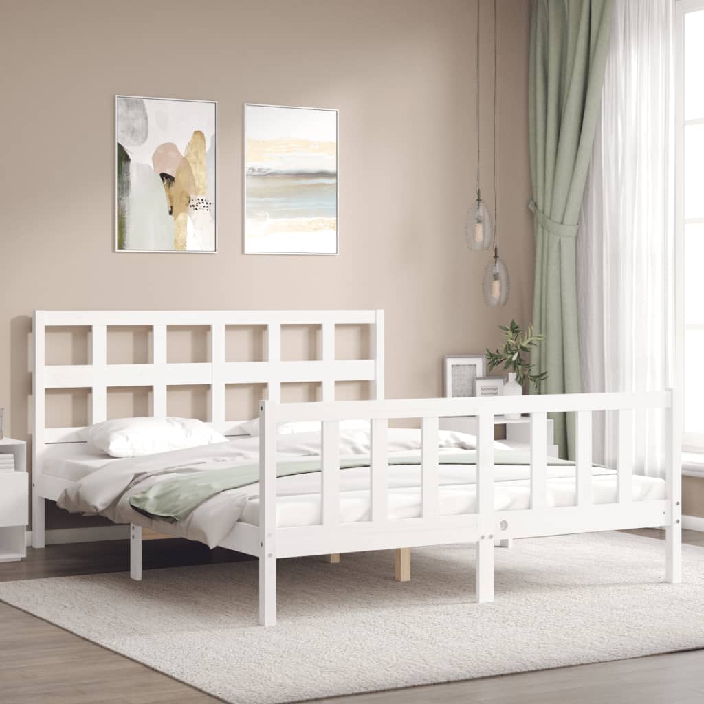 Bed Frame without Mattress White King Size Solid Wood Pine