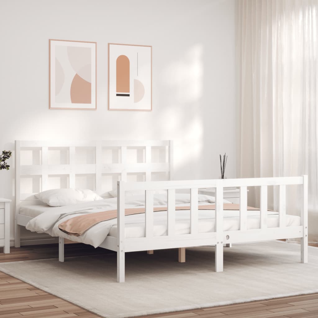 Bed Frame without Mattress White King Size Solid Wood Pine