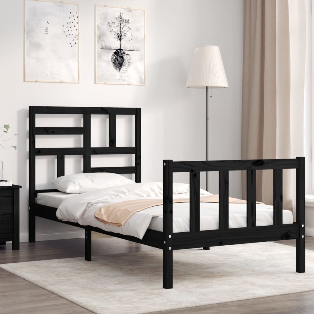 Bed Frame with Headboard Black Single Solid Wood