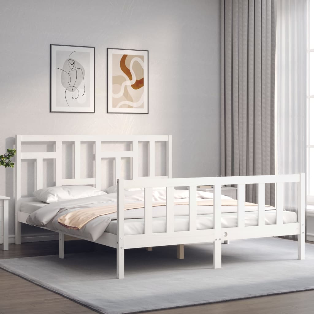 Bed Frame with Headboard White King Size Solid Wood