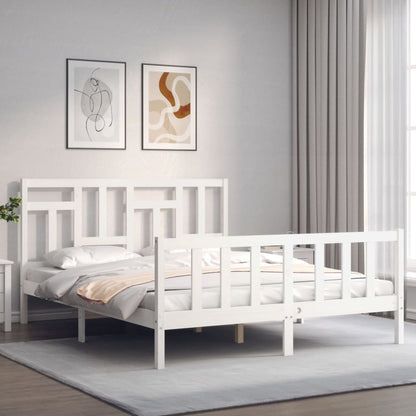 Bed Frame with Headboard White King Size Solid Wood