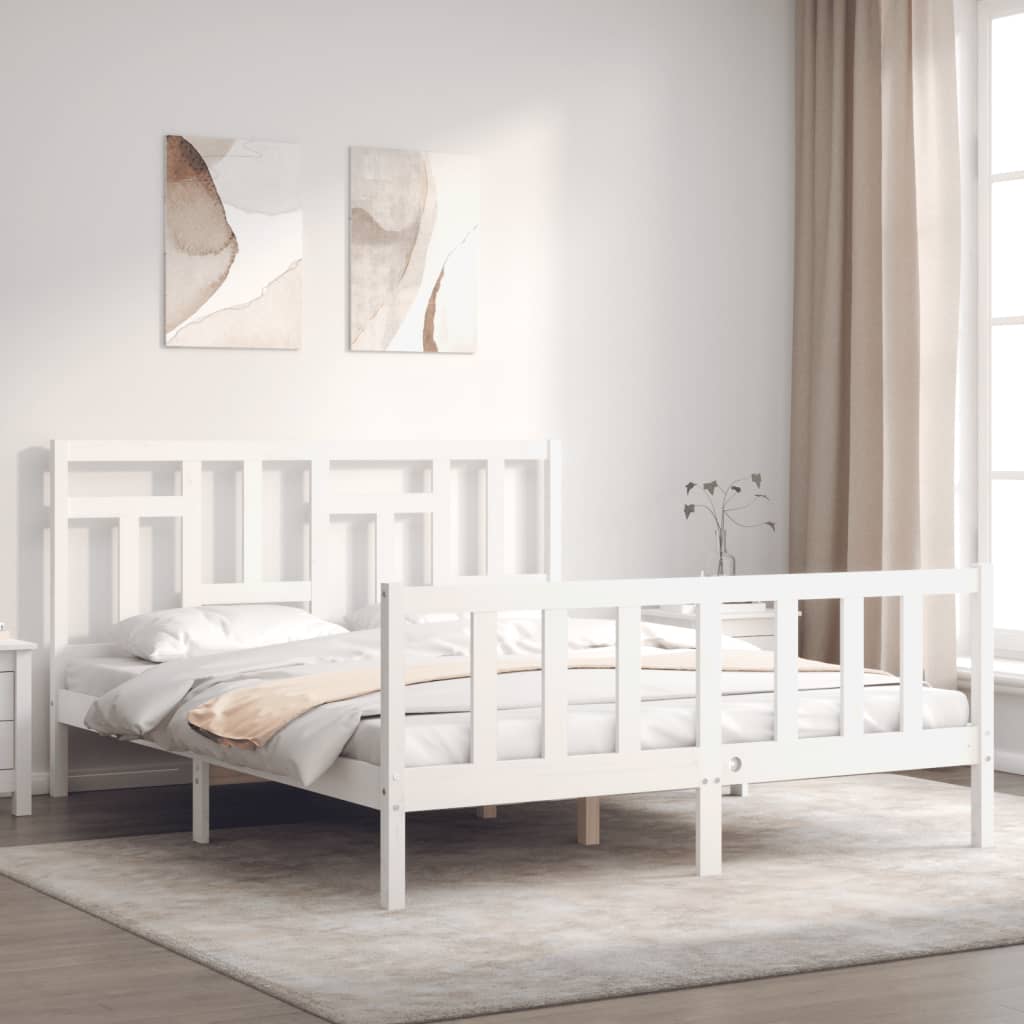 Bed Frame with Headboard White King Size Solid Wood