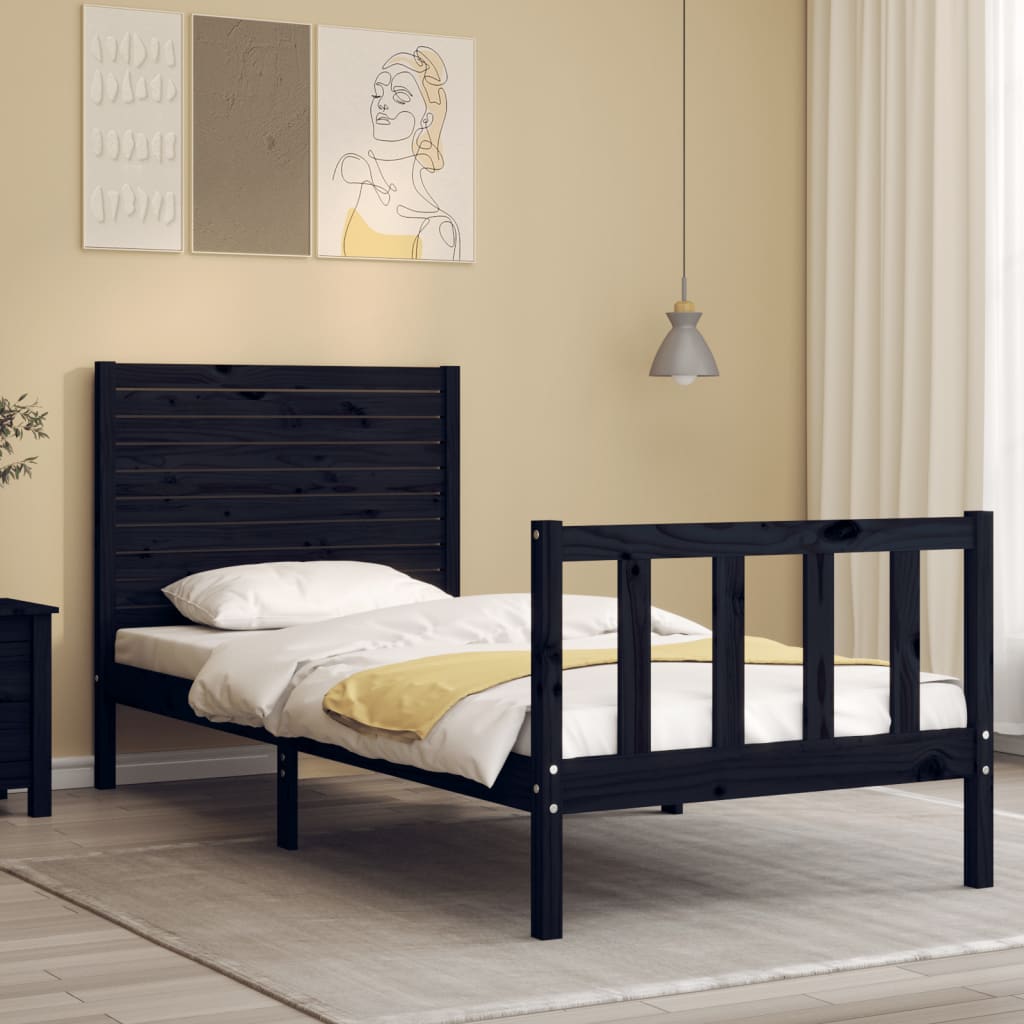 Bed Frame with Headboard Black Single Solid Wood