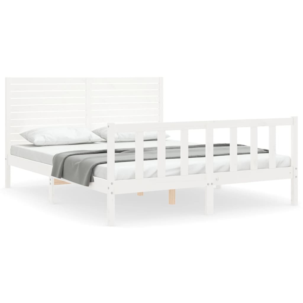 Bed Frame with Headboard White King Size Solid Wood