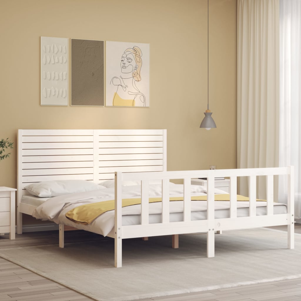 Bed Frame with Headboard White King Size Solid Wood