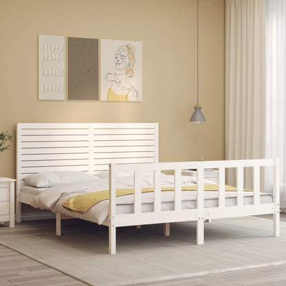 Bed Frame with Headboard White King Size Solid Wood