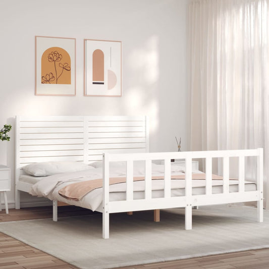 Bed Frame with Headboard White King Size Solid Wood