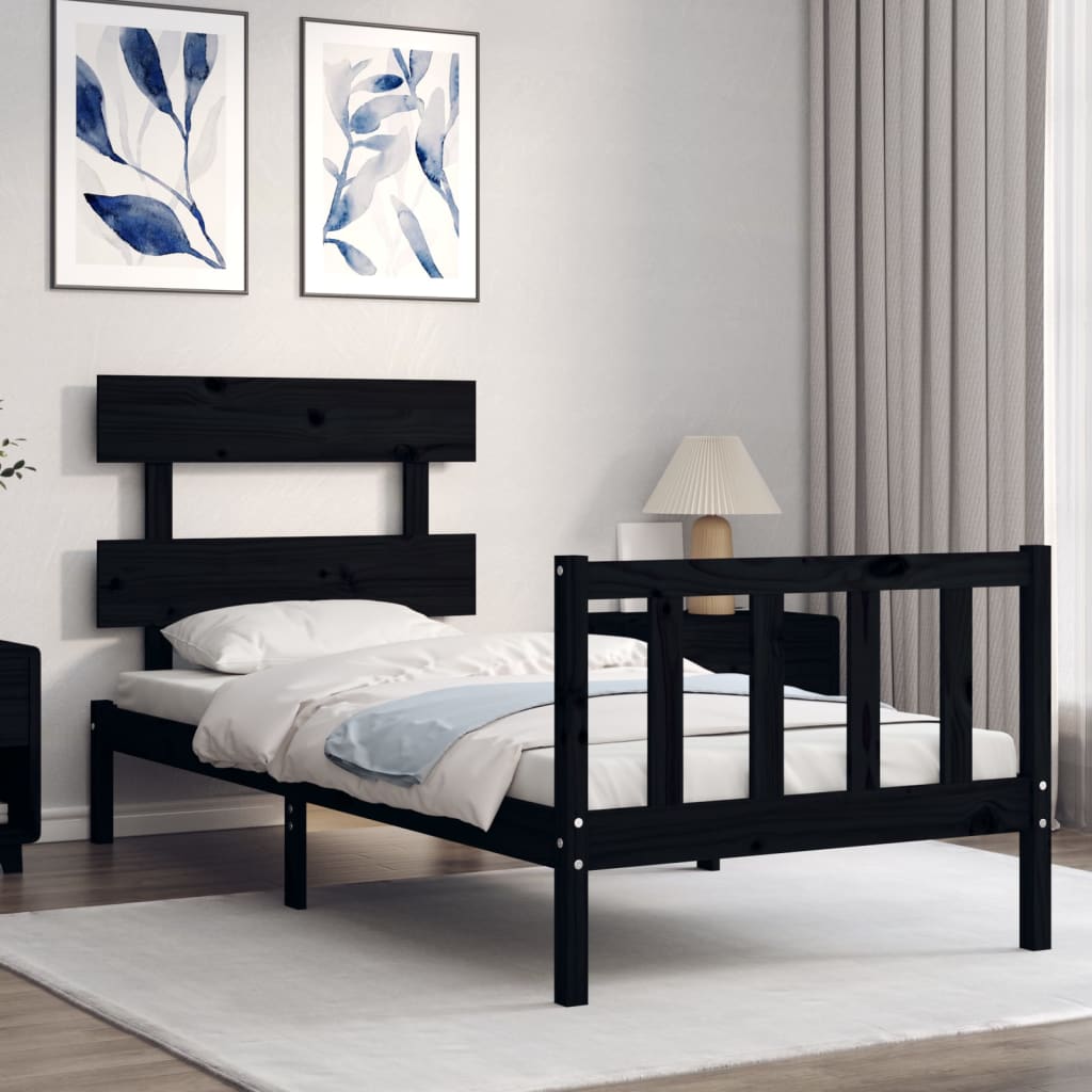 Bed Frame without Mattress Black Single Solid Wood Pine