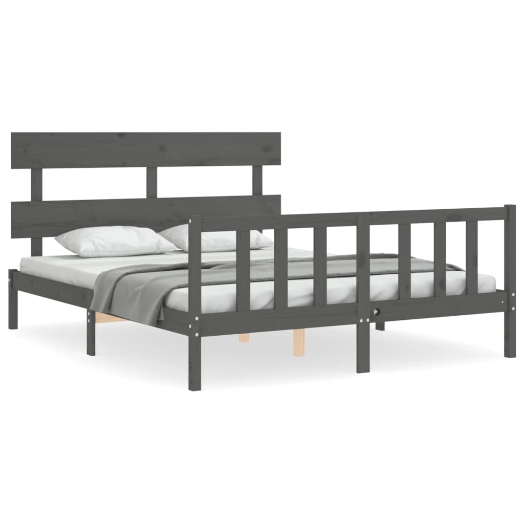 Bed Frame with Headboard Grey King Size Solid Wood