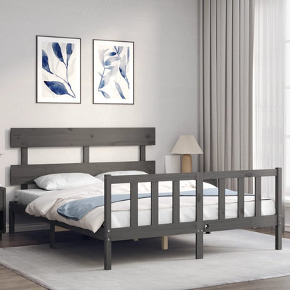 Bed Frame with Headboard Grey King Size Solid Wood