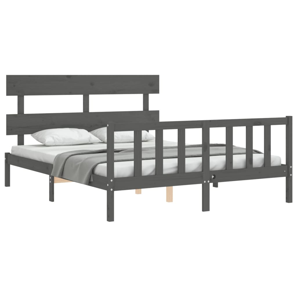 Bed Frame with Headboard Grey King Size Solid Wood