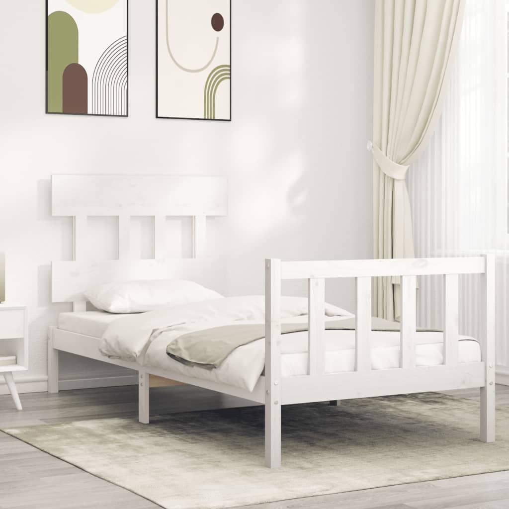 Bed Frame with Headboard White Single Solid Wood