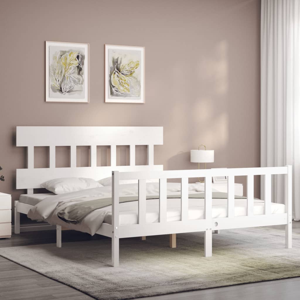 Bed Frame with Headboard White King Size Solid Wood