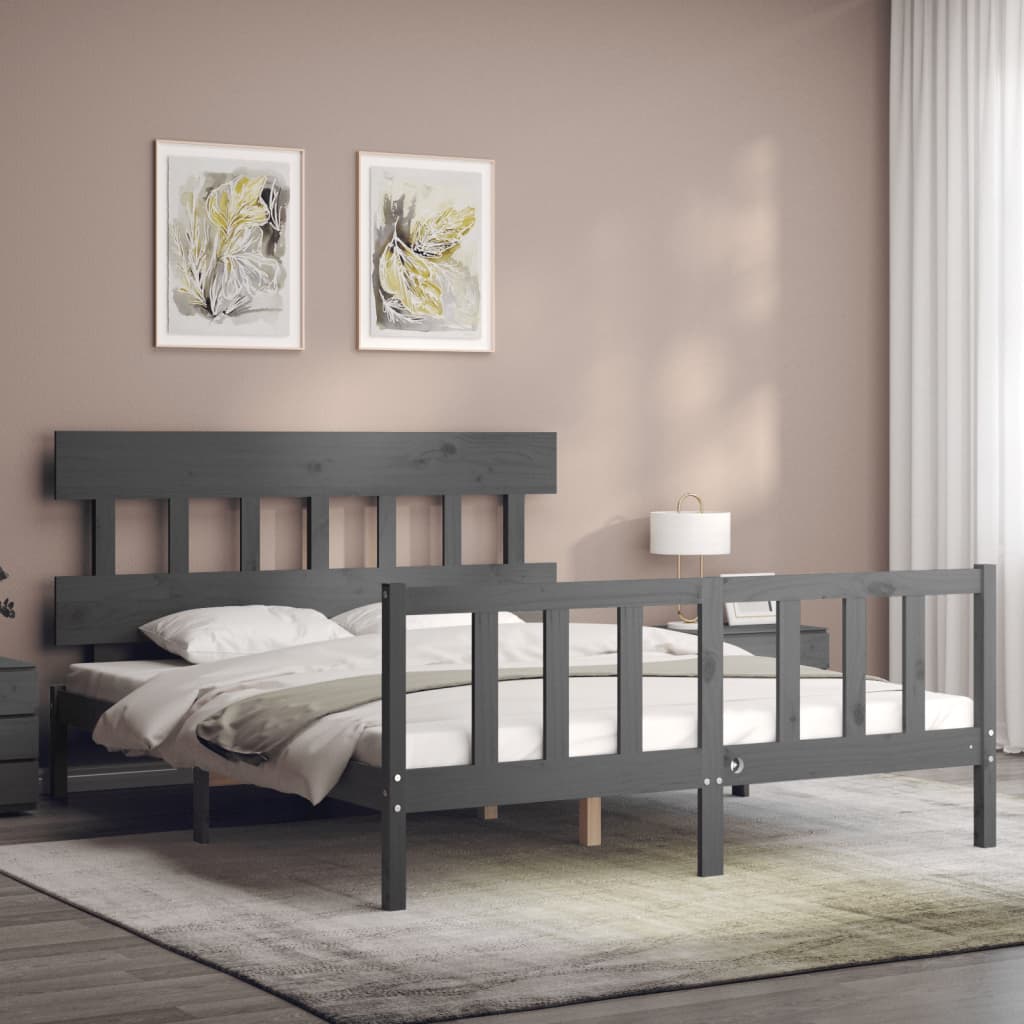 Bed Frame without Mattress Grey King Size Solid Wood Pine