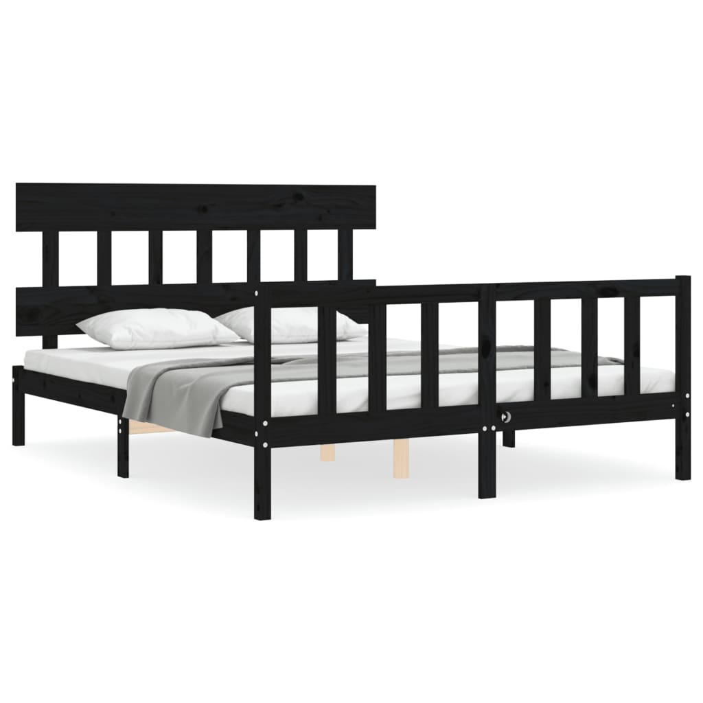 Bed Frame with Headboard Black King Size Solid Wood