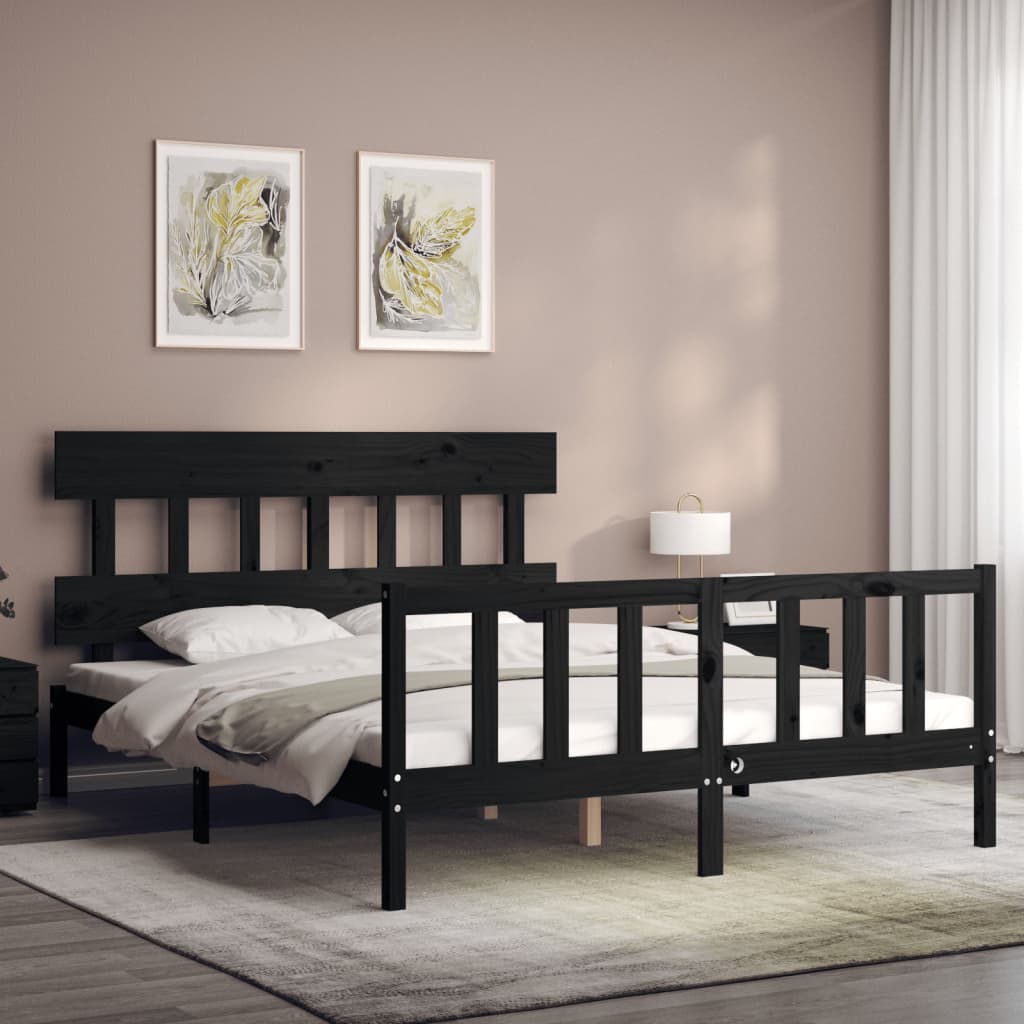 Bed Frame with Headboard Black King Size Solid Wood