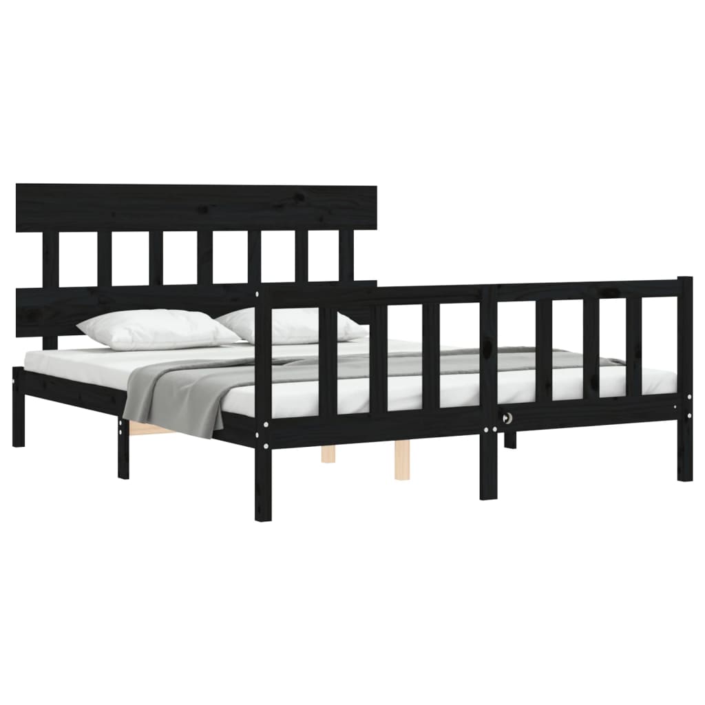 Bed Frame with Headboard Black King Size Solid Wood