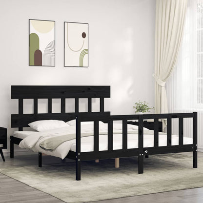 Bed Frame with Headboard Black King Size Solid Wood