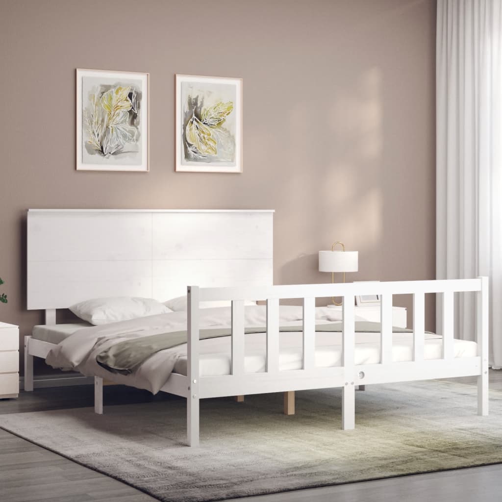 Bed Frame with Headboard White King Size Solid Wood