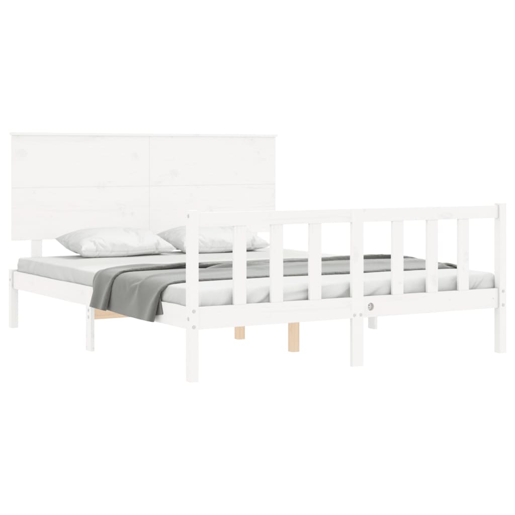 Bed Frame with Headboard White King Size Solid Wood